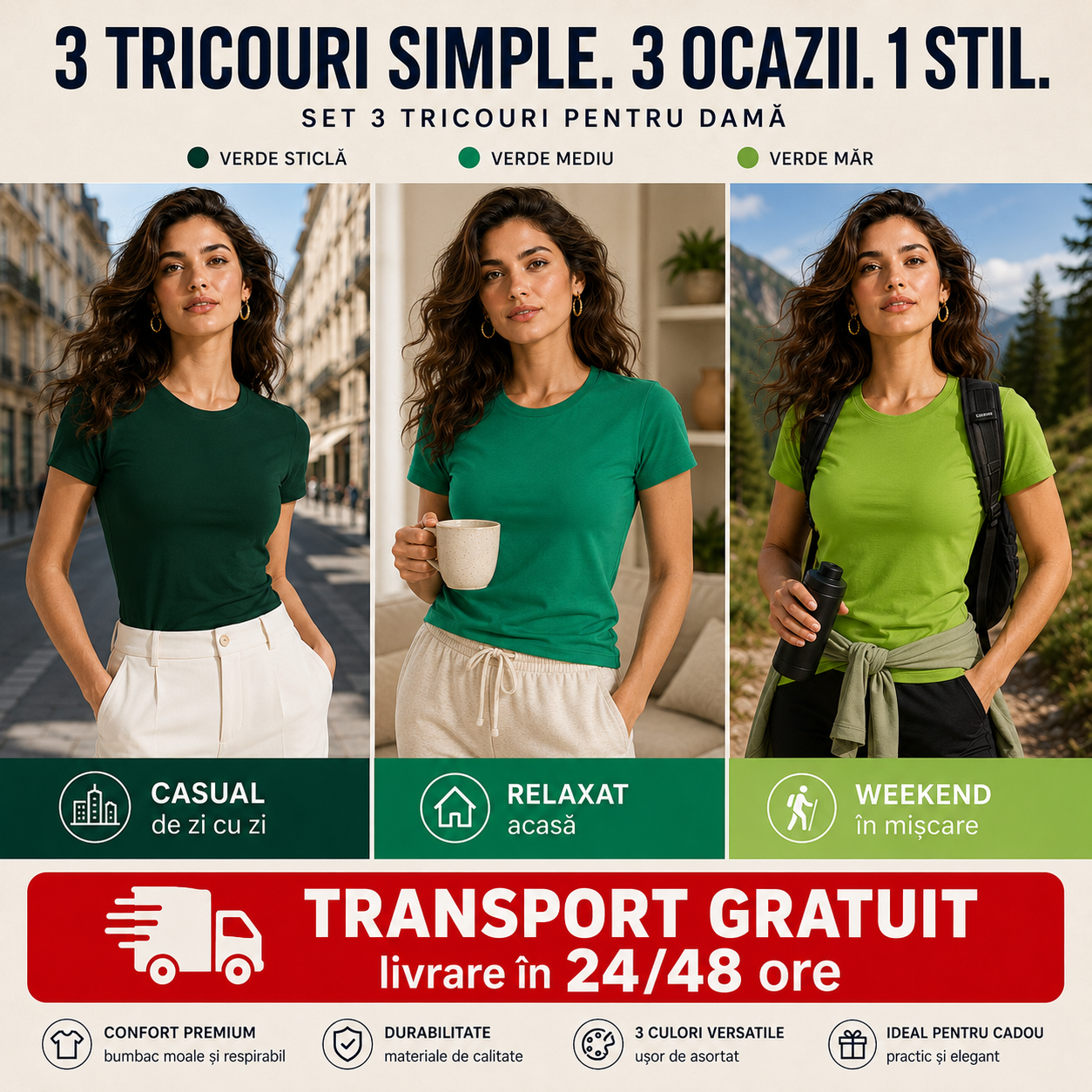 Tricouri damă din bumbac 100% &icirc;n nuanțe de verde mediu verde măr și verde sticlă